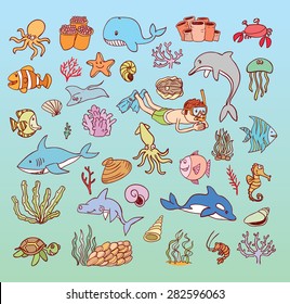 sea life cartoon doodle, vector illustration. 