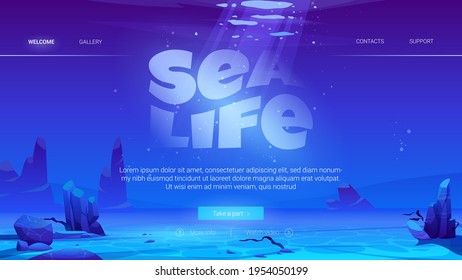 Sea life cartoon landing page with ocean underwater background. Empty sandy bottom with rocks and air bubbles floating at sunlight beam falling from above. Marine undersea area vector web banner