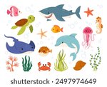 Sea life. Cartoon ocean underwater animals. Cute water fish, sea horse, crab, shark, dolphin, turtle, happy jellyfish. Marine wildlife creatures. Kids vector illustration.