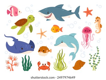 Vida marina. Animales submarinos del océano de la historieta. Peces de agua lindos, caballo de mar, cangrejo, tiburón, delfín, tortuga, medusas felices. Criaturas de la fauna marina. Ilustración vectorial de niños.