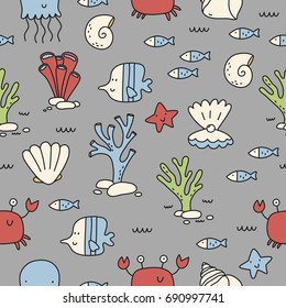 sea life cartoon print. Seamless pattern