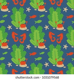 Sea life cartoon seamless pattern background with fish, crab, sea horse and starfish.