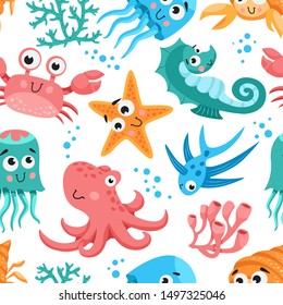 
Sea life cartoon seamless pattern. Marine background. Cute Animals vector. Childrens wallpaper