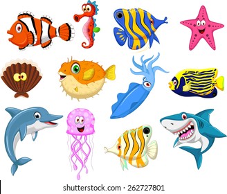 Sea life cartoon set