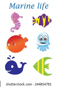Sea life cartoon set. Marine life