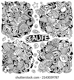Sea Life cartoon vector doodle designs set. Sketchy detailed compositions with lot of sealife objects and symbols. All items are separate