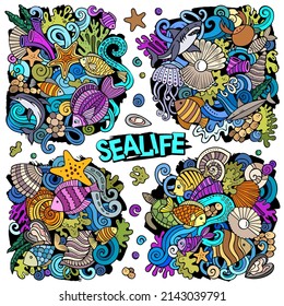 Sea Life cartoon vector doodle designs set. Colorful detailed compositions with lot of sealife objects and symbols. All items are separate