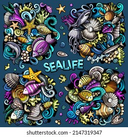 Sea Life cartoon vector doodle designs set. Colorful detailed compositions with lot of sealife objects and symbols. All items are separate