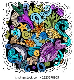 Sea Life cartoon vector illustration. Colorful detailed composition with a lot of Underwater World objects and symbols. All items are separate