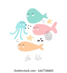 sea life. cartoon whales, octopus, starfish, hand drawing lettering, decor elements. flat style, colorful vector for kids. baby design for cards, poster decoration, t-shirt print