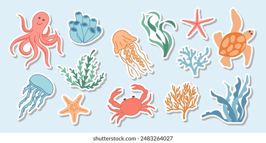 Sea life Characters Stickers set. Cute octopus, jellyfish, crab, turtle, seaweed isolated on white. Ocean life. Underwater reef animals. Sticker for scrapbook, planner, child book