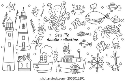 Recogida de vida marina con animales, algas y faros. Ilustración vectorial dibujada a mano en estilo doodle. Esquema negro aislado. El mar y el océano. Ideal para los niños coloreando libros.