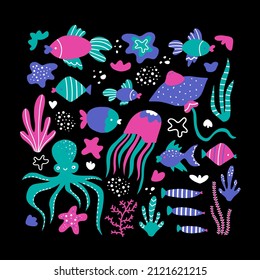 Sea life collection with colorful fishes, coral reef, seaweed, octopus, starfish and other underwater animals isolated on the black  background. Hand drawn vector illustration for kids design, prints.