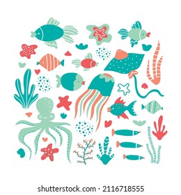 Sea life collection of fishes, coral reef, seaweed, octopus, starfish and other underwater animals isolated on the white background. Hand drawn vector illustration for kids design, prints.