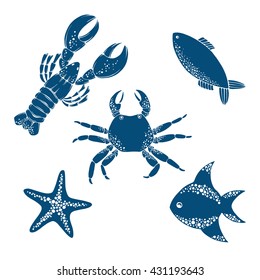 Sea life collection. Hand drawn vector illustration of lobster, crab, fish and star. Set of ocean fauna. White background.