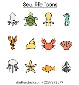 Sea life color line icon set