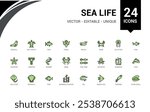 Sea Life colorful line icon collections. Contains such icons as fishing, swim, crab, jelly fish, finger coral and more. Minimalist thin linear icon. Editable vector icon and illustration.