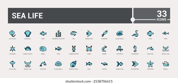 Sea Life colorful line icon collections. Contains such icons as fishing, swim, crab, jelly fish, finger coral and more. Minimalist thin linear icon. Editable vector icon and illustration.