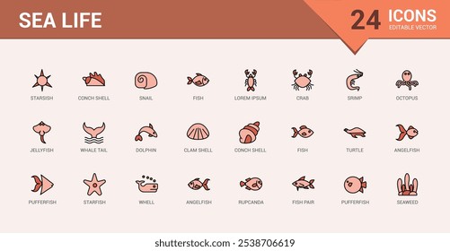 Sea Life colorful line icon collections. Contains such icons as fishing, swim, crab, jelly fish, finger coral and more. Minimalist thin linear icon. Editable vector icon and illustration.