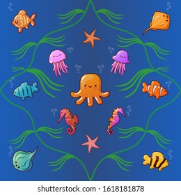 Sea Life: Colorful Seamless Pattern With Happy Kawai Smiling Octopuses And Fishes In Sea Grass Ring