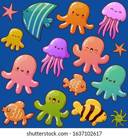 Sea Life Colorful Seamless Pattern With Happy Kawaii Little Octopuses And Fishes