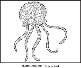 sea life coloring page illustration and print design,  octopus zentangle coloring book for adult