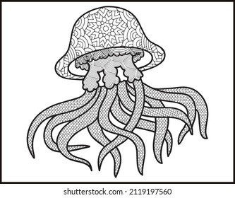 sea life coloring page illustration and print design,  octopus zentangle coloring book for adult
