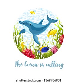 Sea life composition for T-shirt  design isolated on white background. Cartoon dolphin and fishes in seaweeds and corals vector illustration. Cute ocean wildlife print.