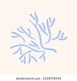 Sea life concept. Colorful sticker with blue underwater algae or corals of various shapes. Flora and fauna of ocean floor. Design element for printing on fabric. Cartoon flat vector illustration