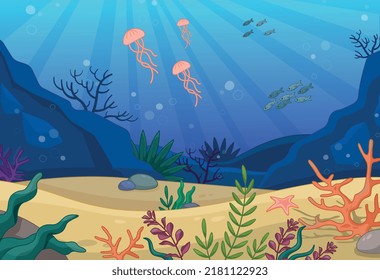 El concepto de vida marina. Representantes del mundo submarino, medusas en el fondo nadan entre corales. Flora y fauna. Mar, océano y agua. Pescado, fauna, afiche para sitio web. Dibujo vectorial plano de dibujos animados