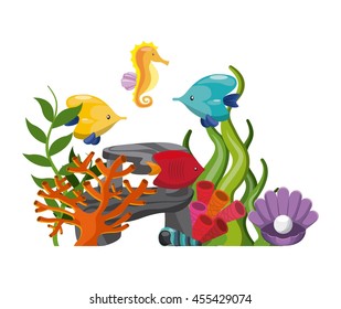 Sea life concept represented by stone algae coral fish oyster shell and sea horse icon. Colorfull illustration. 