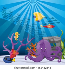 Sea life concept represented by coral, algae, fish and octopus icon. Colorfull and flat illustration. 