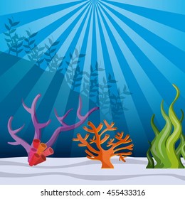 Sea life concept represented by coral and algae with fish icon. Colorfull and flat illustration. 