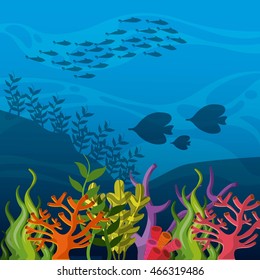 Sea life concept represented by coral and algae with fish icon. Colorfull and flat illustration. 