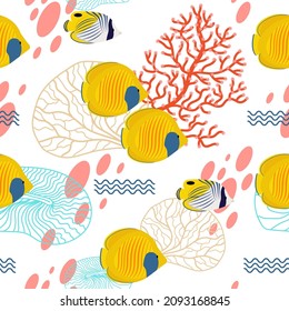 Sea life coral and fish seamless pattern. Underwater ocean endless structure. Scuba textile sample. Vector aquatic fabric template. Coral reef square design.