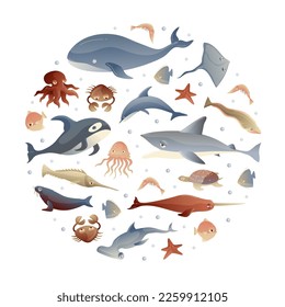 Sea Life and Creature Round Composition Design Vector Template