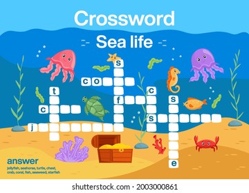 Sea life crossword. Educational activity for kids. Vector illustration