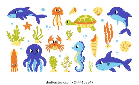 Sea life cute animals seaweeds shells collection. Vector illustrations set. Marine aquatic elements for kids. Octopus shark crab seahorse turle killer whale dolphin squid jellyfish starfish