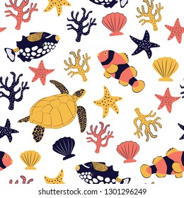 sea life cute fashion animal sea seamless vector pattern 