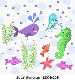 Sea life cute marine animals in cartoon style. Whale, fish, octopus, sea horse, starfish