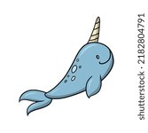 Sea life, cute narwhal, vector illustration in cartoon style on white background