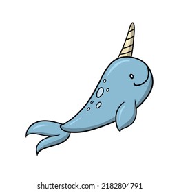 Sea life, cute narwhal, vector illustration in cartoon style on white background