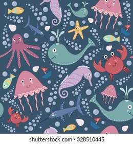 Sea life cute seamless pattern in childish style. Vector illustration