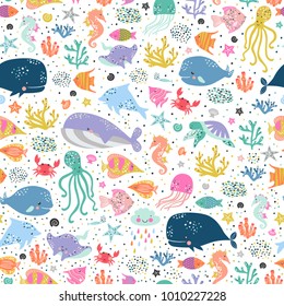 Sea life cute vector pattern. Vector illustration for kids design, wallpaper, wrapping, textile, package design.