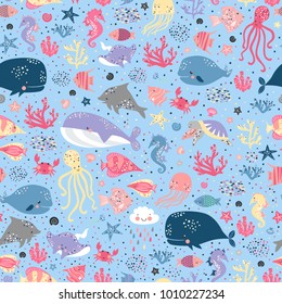 Sea life cute vector pattern. Vector illustration for kids design, wallpaper, wrapping, textile, package design.