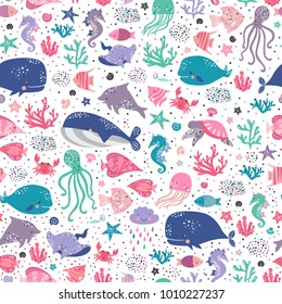 Sea life cute vector pattern. Vector illustration for kids design, wallpaper, wrapping, textile, package design.