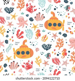 Sea life cute vector pattern. Vector illustration for kids design, wallpaper, wrapping, textile, package design.