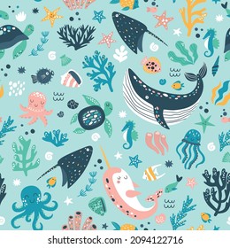 Sea life cute vector pattern. Vector illustration for kids design, wallpaper, wrapping, textile, package design.