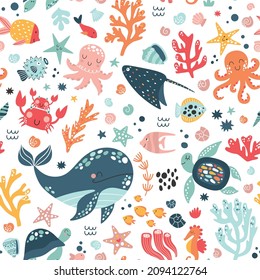 Sea life cute vector pattern. Vector illustration for kids design, wallpaper, wrapping, textile, package design.