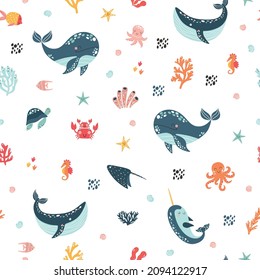 Sea life cute vector pattern. Vector illustration for kids design, wallpaper, wrapping, textile, package design.